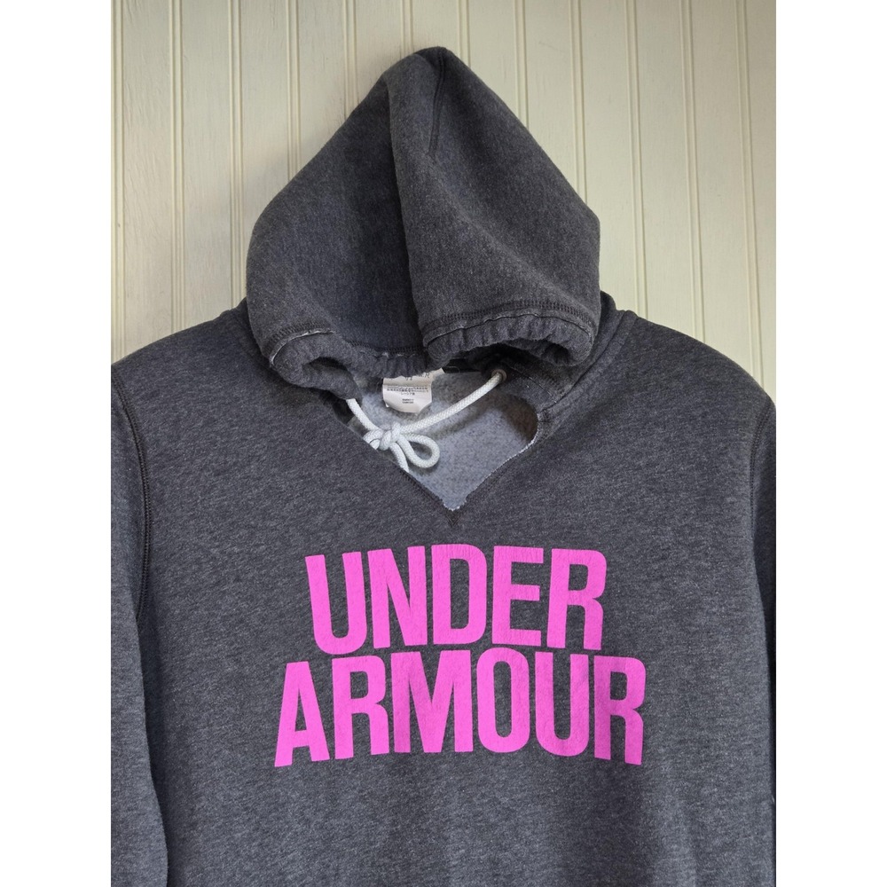 Under Armour Hoodie Womens Small Gray Pink Logo‎ Pullover Sweatshirt Loose Fit